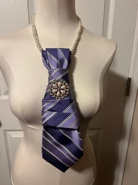 Calvin Klein Purple Striped Tie Necklace with Pearl Strand and Brooch